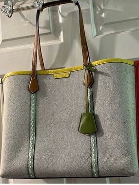 Tory Burch Beige Canvas Tote with Yellow, Green and Brown Accents